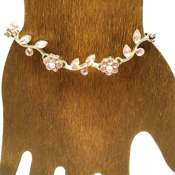 Dainty Pink Crystal Flower Vine Silver-tone Bracelet - Picture 8 of 12